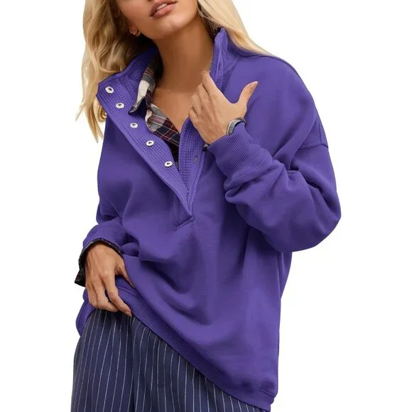 Women Purple Oversized Casual Long Sleeve Button Henley Neck Pullover Sweatshirt - Picture 2 of 5